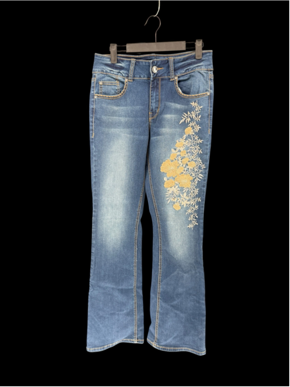 Women's Cache Boot Cut Jeans Size 8 Blue with Gold Floral Embroidery